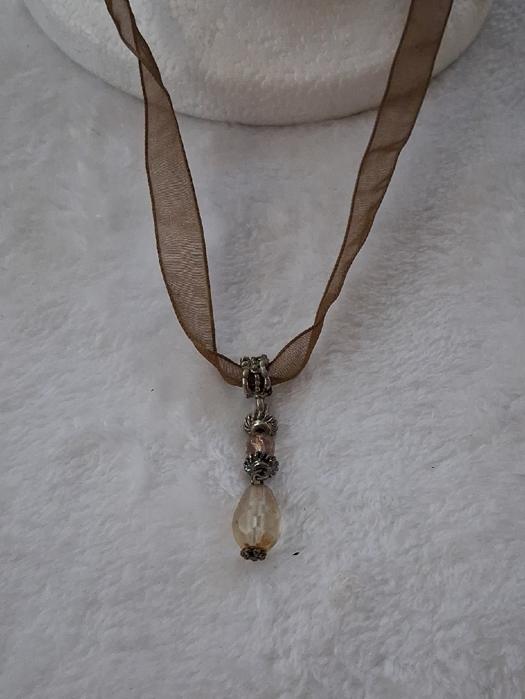 Vintage Brown Ribbon Necklace With Champagne Teardrop And Silver Accents